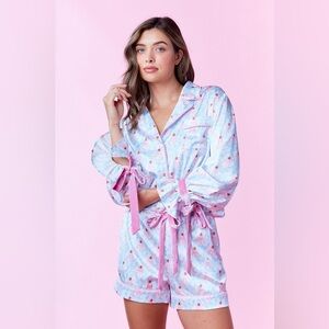 Rareraw blue bow coquette cottage satin top and short boho lounge Set pajamas